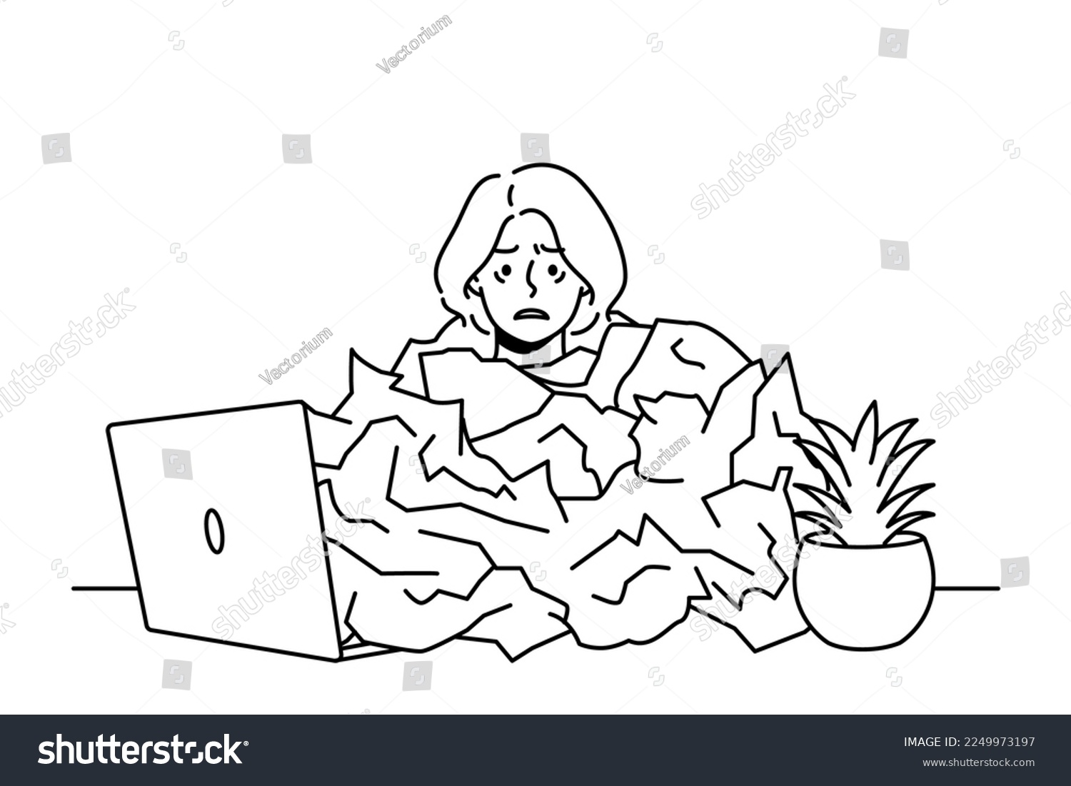 Tired female employee under paper pile - Royalty Free Stock Vector ...