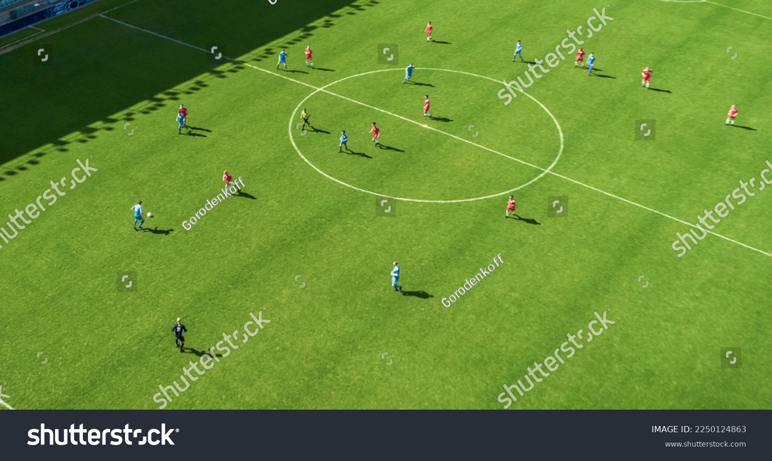 Aerial Top Down View of Soccer Football Field and Two Professional Teams Playing. Passing, Dribbling, Attacking. Football Tournament Match, International Competition. Flyover Whole Stadium Shot. #2250124863