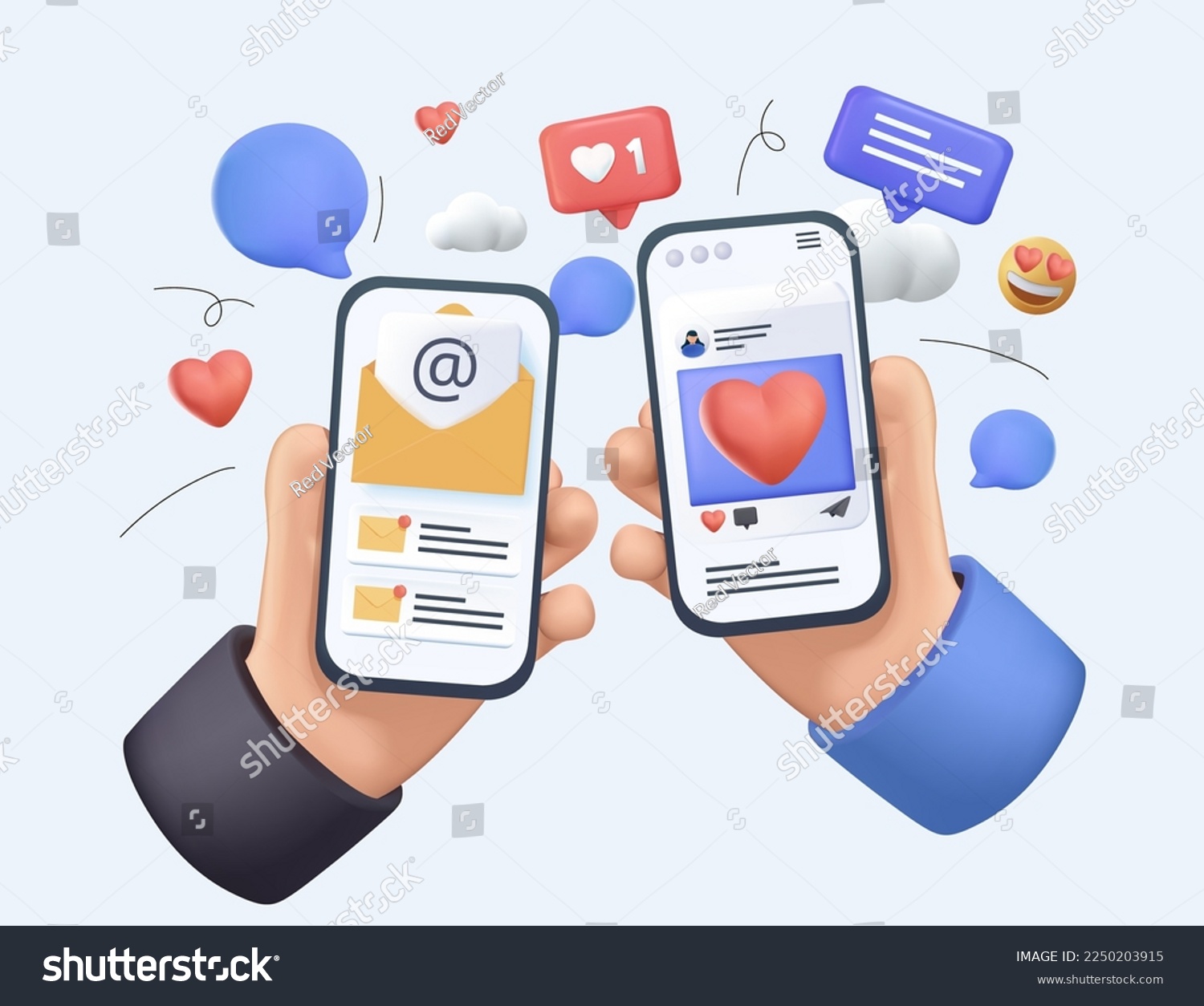 3D hands holding phone with message, icons and emoji. 3D Communication concept on white background. Social networking, SMM concept. Vector 3d render cartoon illustration website, banners, app design #2250203915