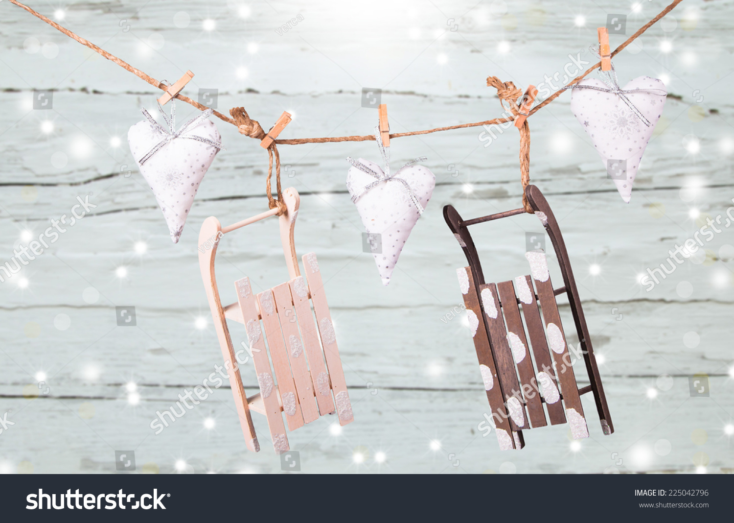 Christmas decoration on wood plant with snow and snowflake #225042796