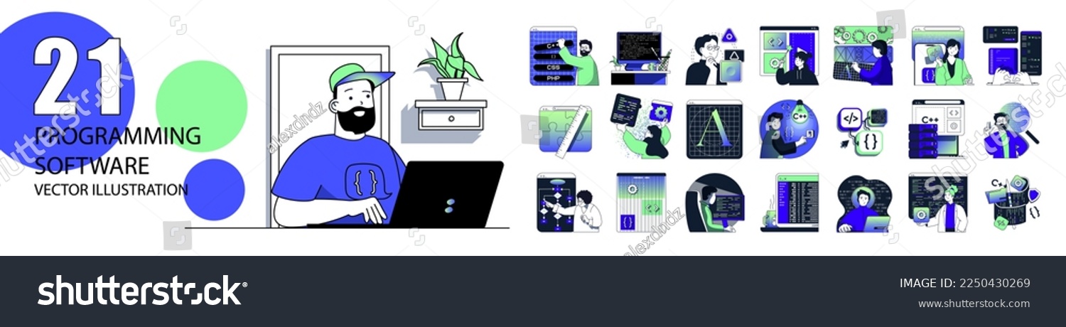 Programming software concept with character situations collection. Bundle of scenes people coding and testing, creating programs and apps, working IT industry. Vector illustrations in flat web design #2250430269