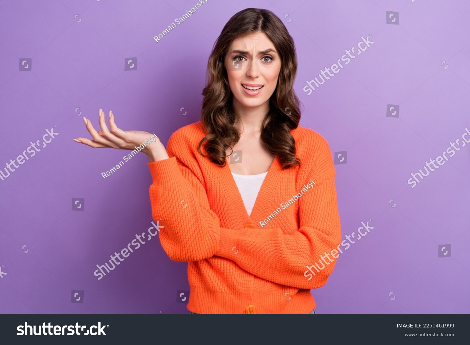 Portrait of unsatisfied pretty person raise arm palm conflict isolated on purple color background #2250461999