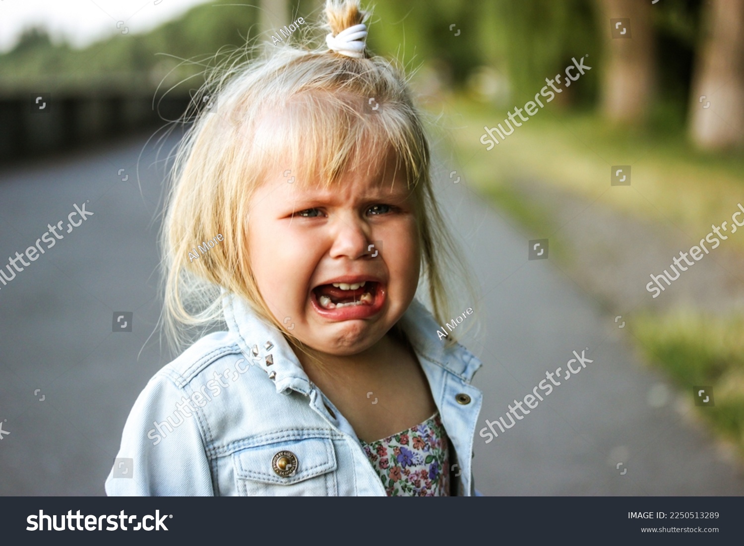 A little preschool-aged 3-5 year old girl is desperately crying loudly standing on a street. The child is lost. Negative emotions. White child refugee from Ukraine. Unhappy toddler kid from orphanage. #2250513289