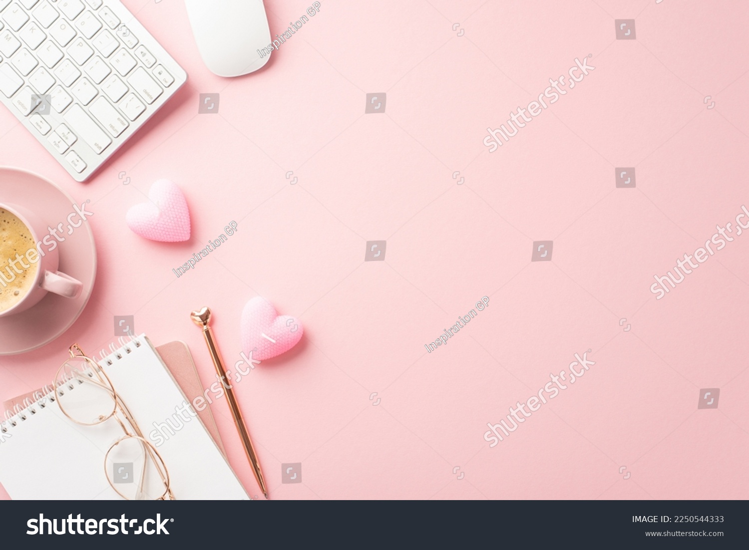 St Valentine's Day concept. Top view photo of notepad pen keyboard computer mouse glasses heart shaped candles and cup of coffee on saucer on isolated pastel pink background with copyspace #2250544333