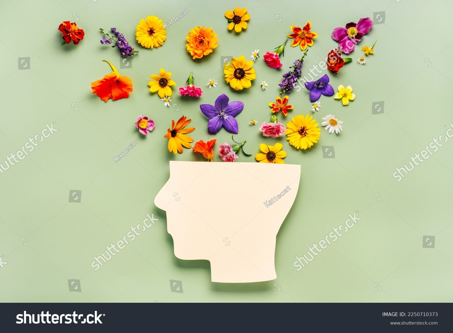 Human head symbol and flowers on blue background. World mental health day concept #2250710373