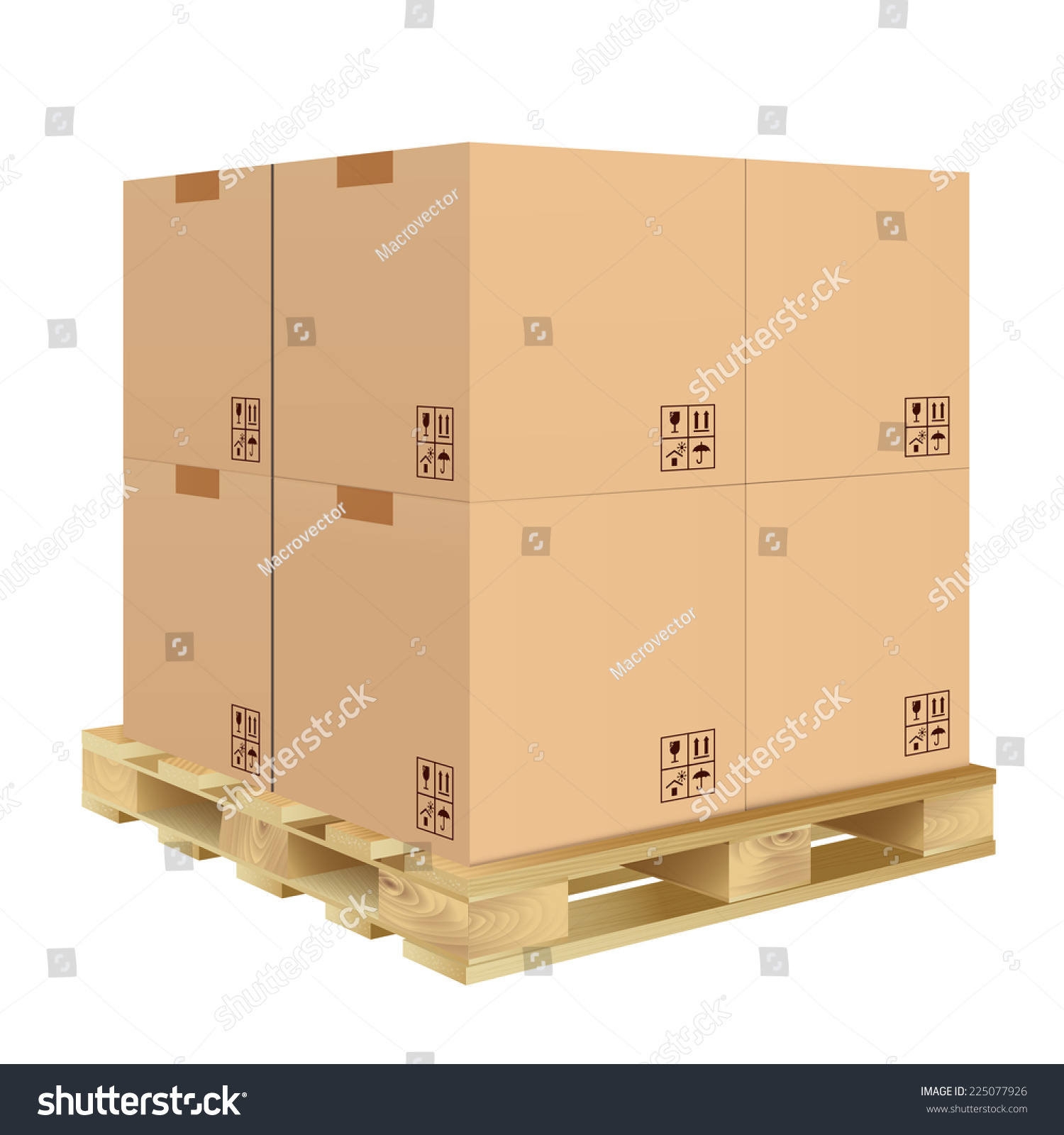Brown closed carton delivery packaging box with fragile signs on wooden pallet isolated on white background vector illustration. #225077926