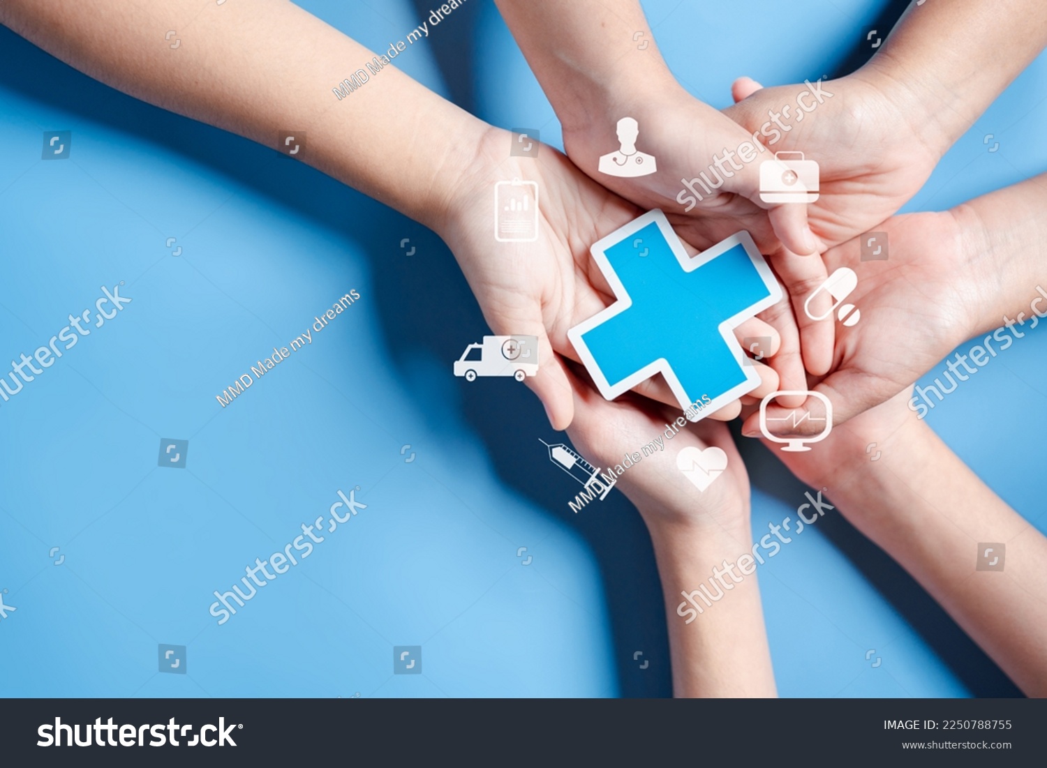 Health insurance concept. Doctor in a white coat uniform hand holding plus and healthcare medical icon, health and access to welfare health concept. #2250788755