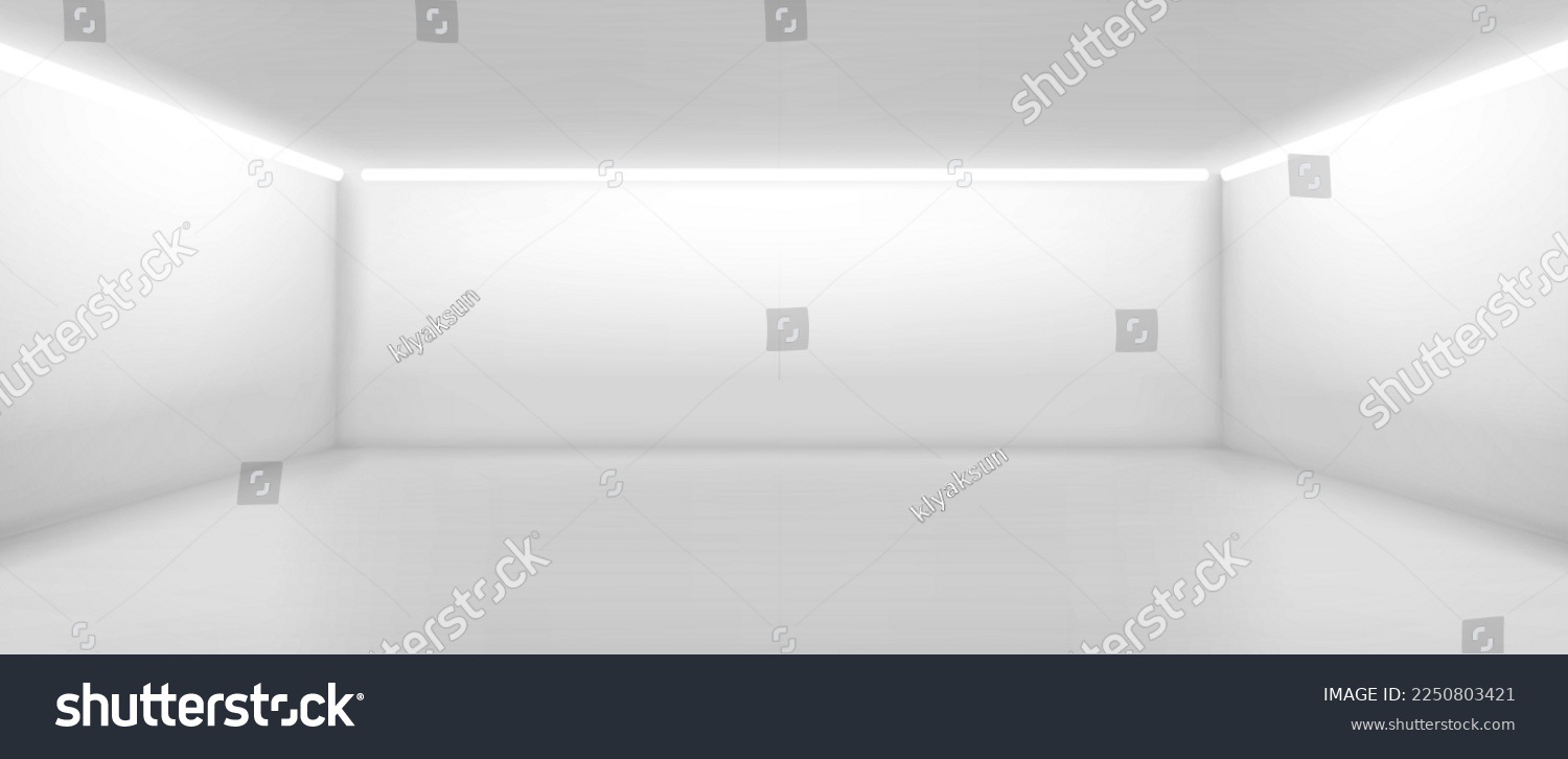 Empty room with white walls inside. Perspective view of modern office or gallery hall interior with ceiling lamps. Abstract white box inside, vector realistic illustration #2250803421