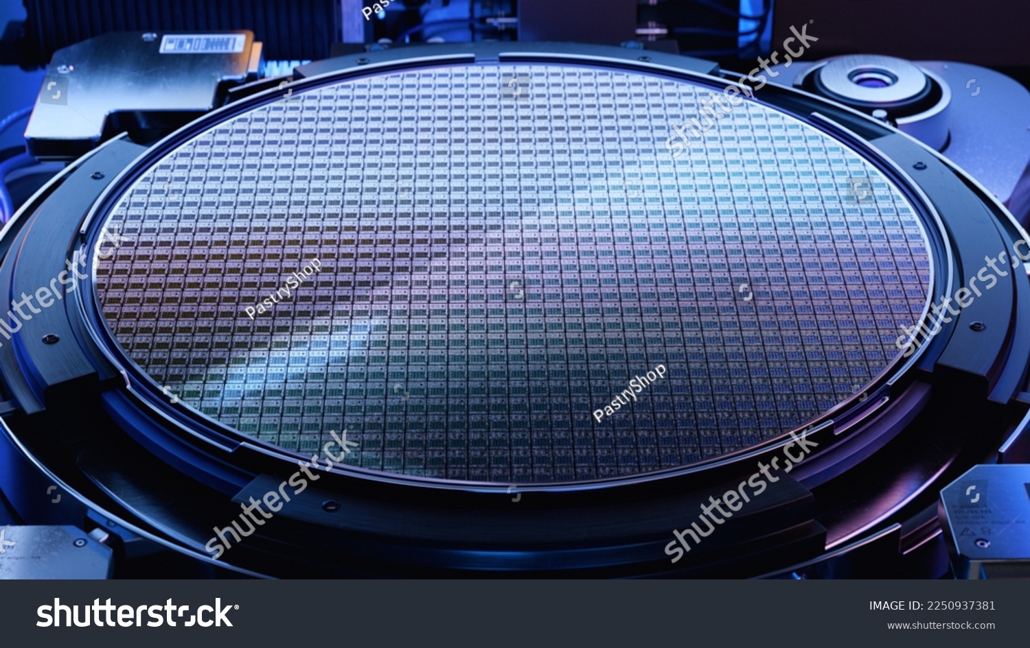 Front View of Silicon Wafer during Photolithography Process inside Complex Computer Chip Production Machine. Semiconductor Manufacturing at Fab or Foundry. #2250937381