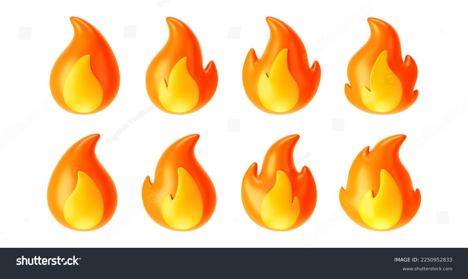 3d fire flame icons set isolated on white background. Render sprite of fire emoji, energy and power concept. 3d cartoon simple vector illustration #2250952833