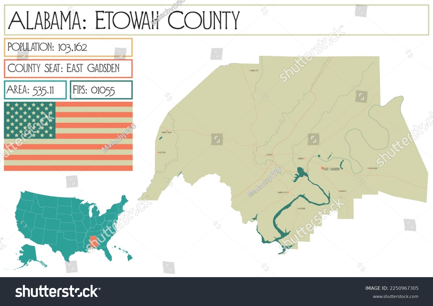 Large and detailed map of Etowah county in - Royalty Free Stock Vector ...