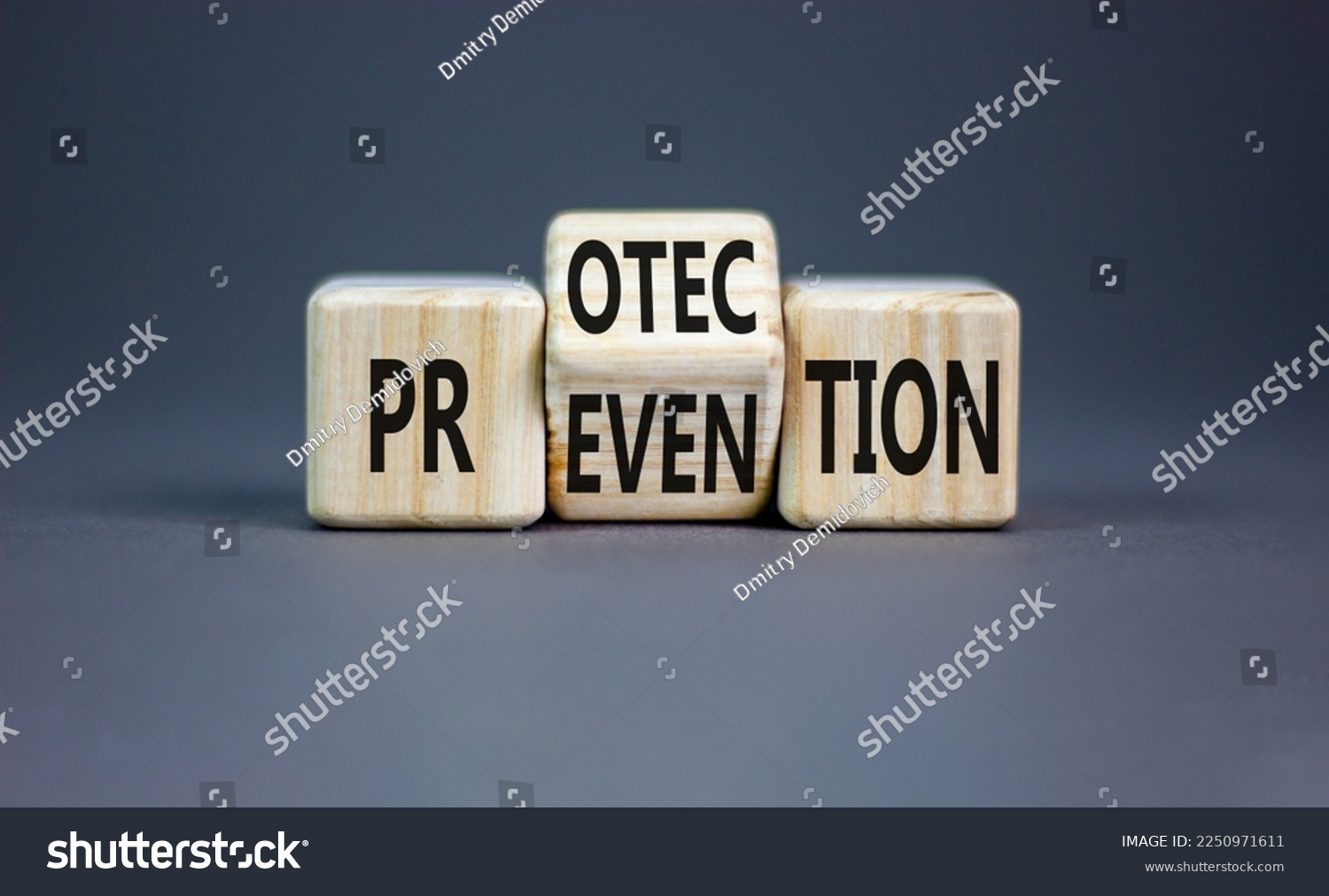 Protection and prevention symbol. Concept word Protection Prevention on wooden cubes. Beautiful grey table grey background. Business and rotection and prevention concept. Copy space. #2250971611