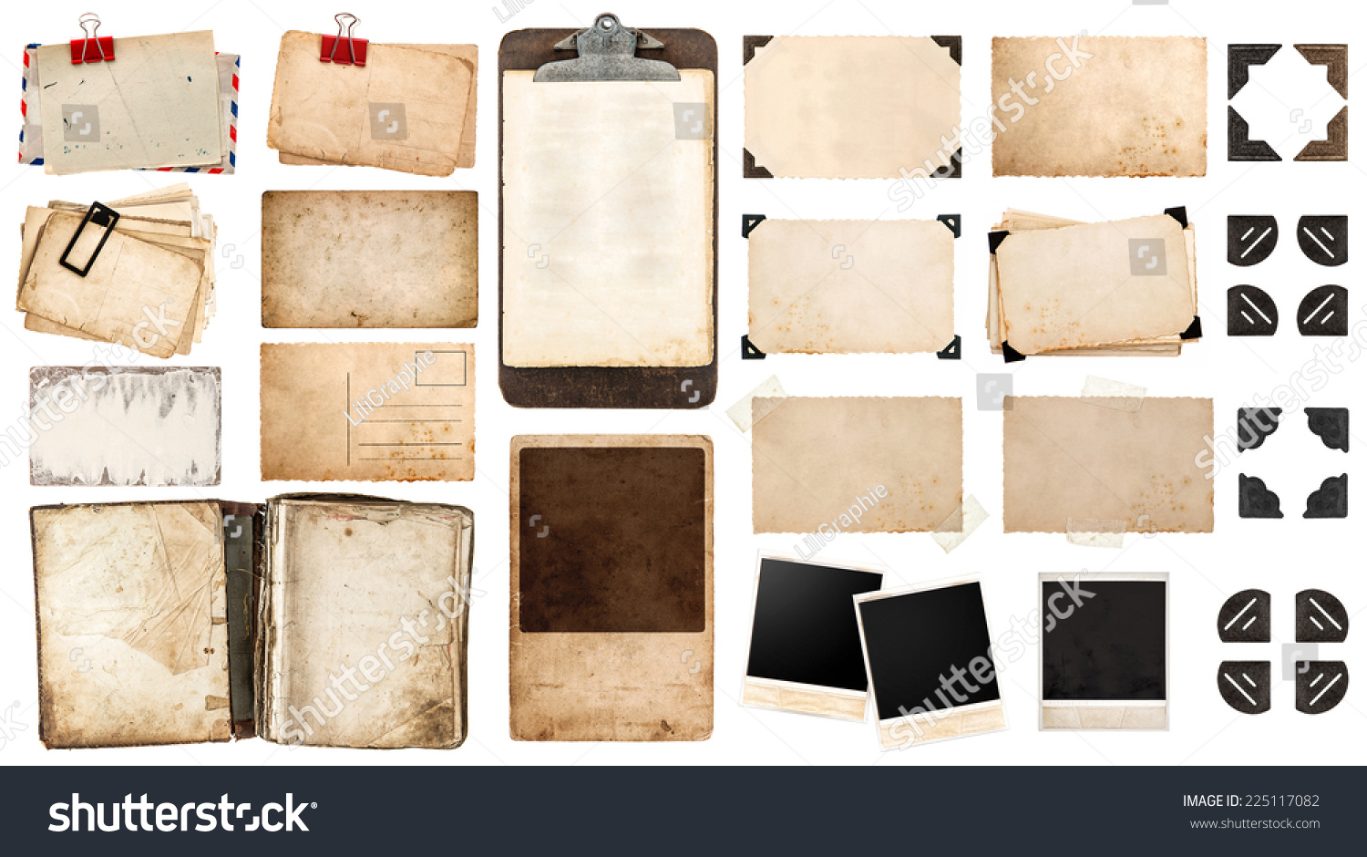 vintage paper sheets, book, old photo frames and corners, antique clipboard isolated on white background.  #225117082