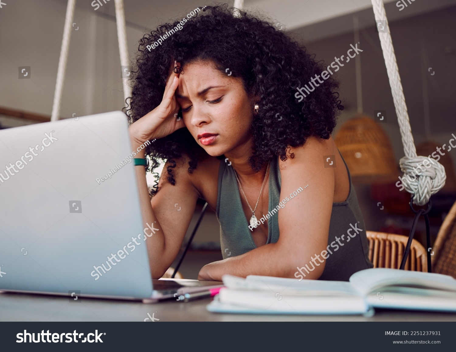 Stress, student and black woman with laptop in cafe frustrated from studying, working and project. University, burnout and stressed girl in coffee shop tired from learning on computer and books #2251237931