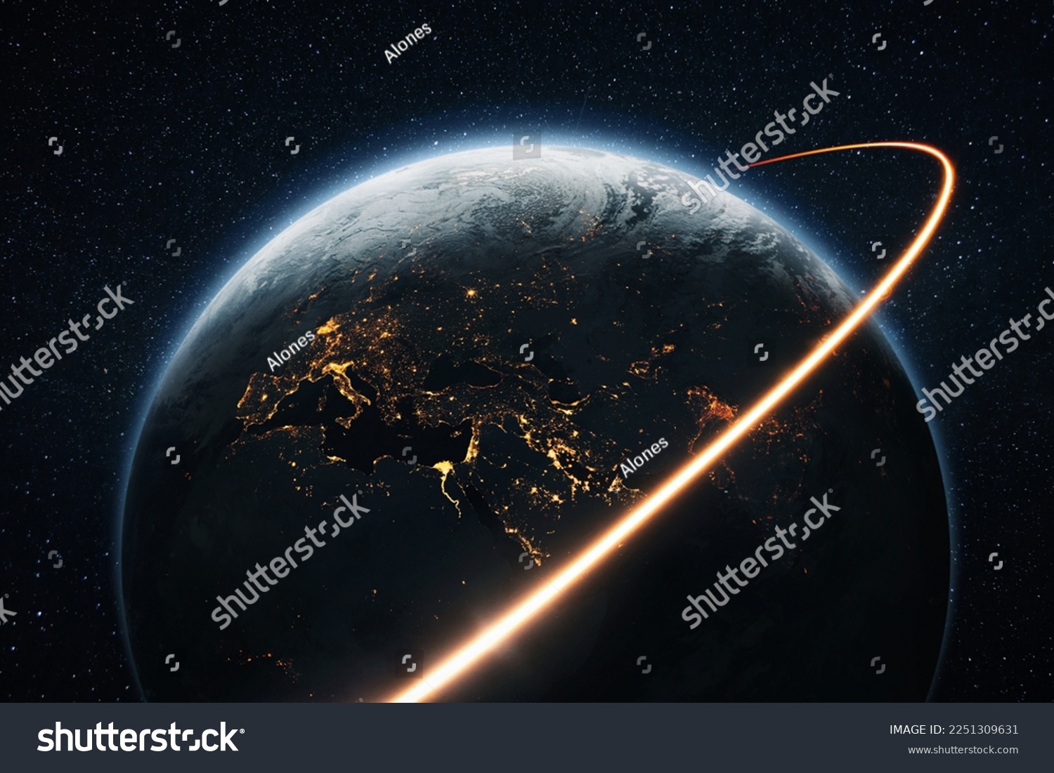 Space shuttle rocket flies with blasts and a light line around the night planet Earth with lights cities. Travel in space, concept. Space satellite flies near the planet earth. Starry space #2251309631