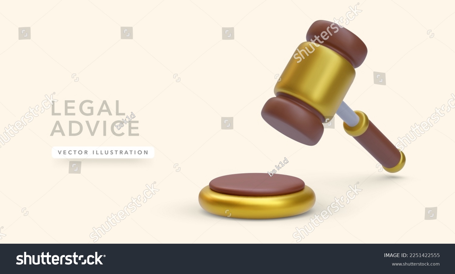 3d realistic wooden judge hammer isolated on a yellow background. Vector illustration #2251422555