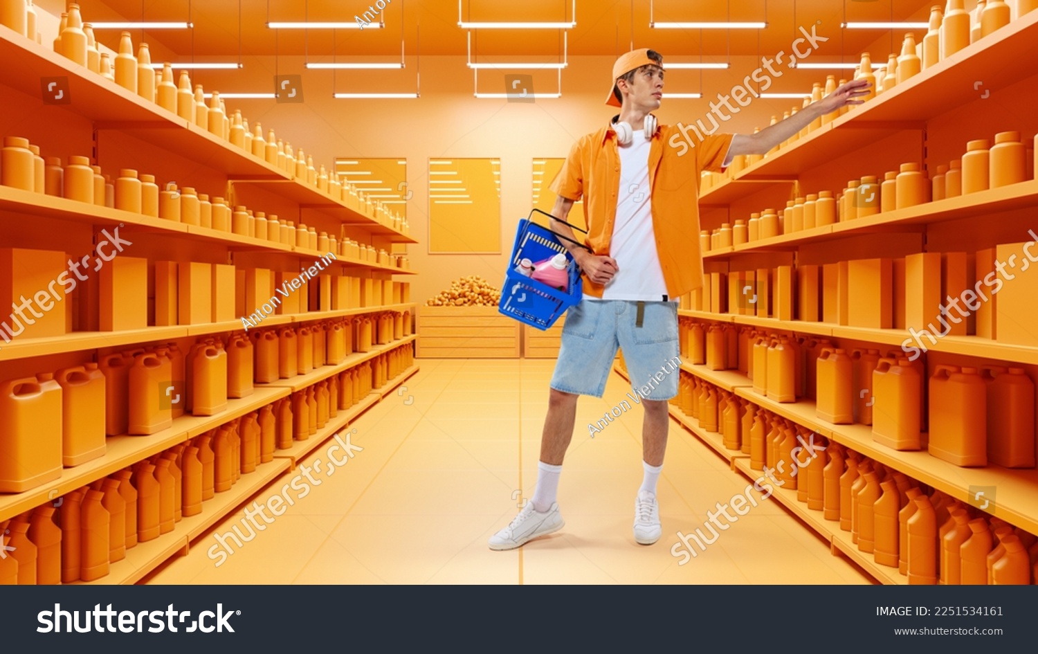 Young student in casual clothes holding cartboard box went out window shopping. Black Friday sales. 3D model of supermarket. Concept of shopping, hypermarket, purchasing. Copy space for ad #2251534161