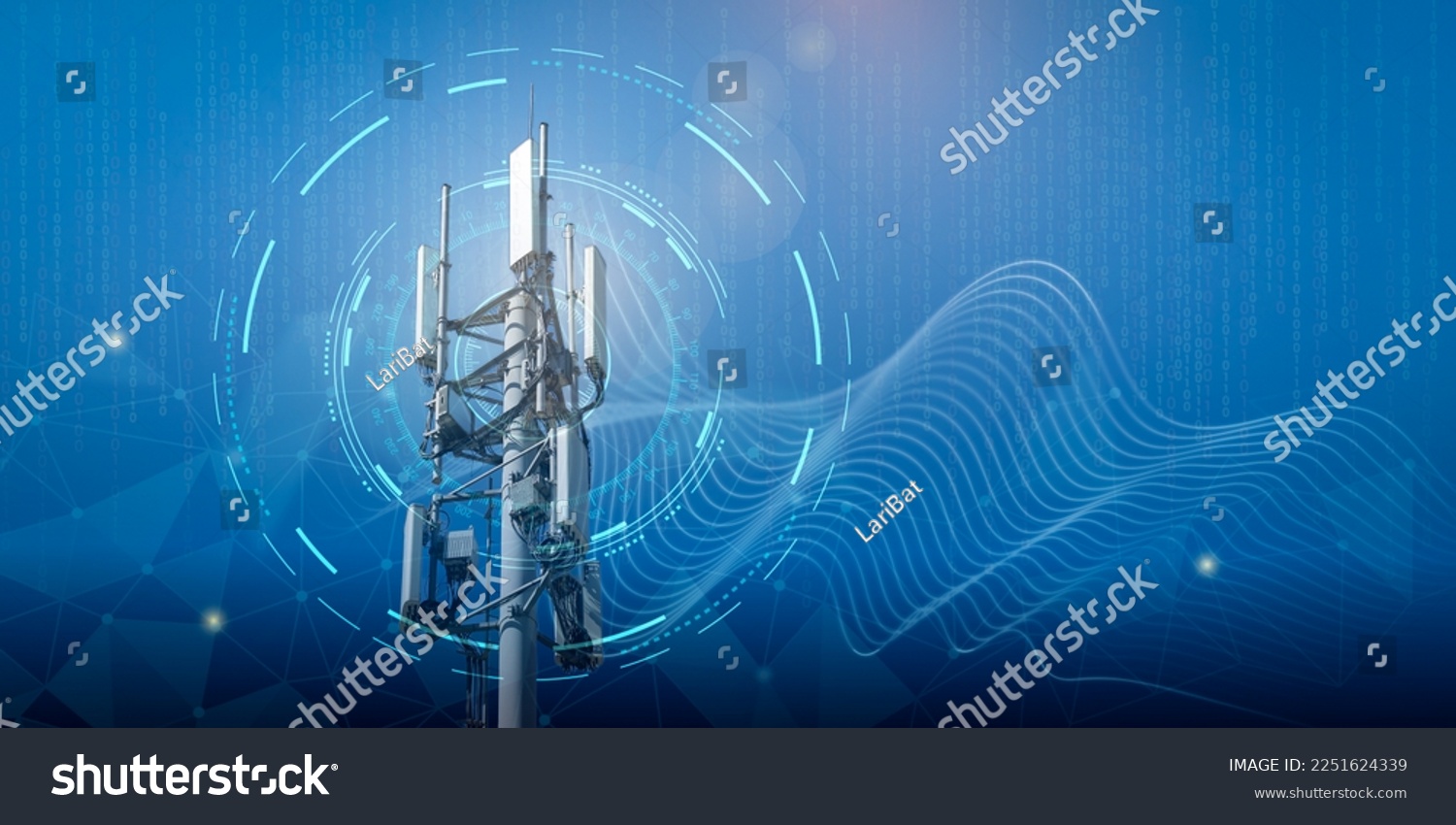 Telecommunication tower with 4G, 5G transmitters. Cellular base station with transmitting antennas on a telecommunication tower on a technological background with abstract waves #2251624339