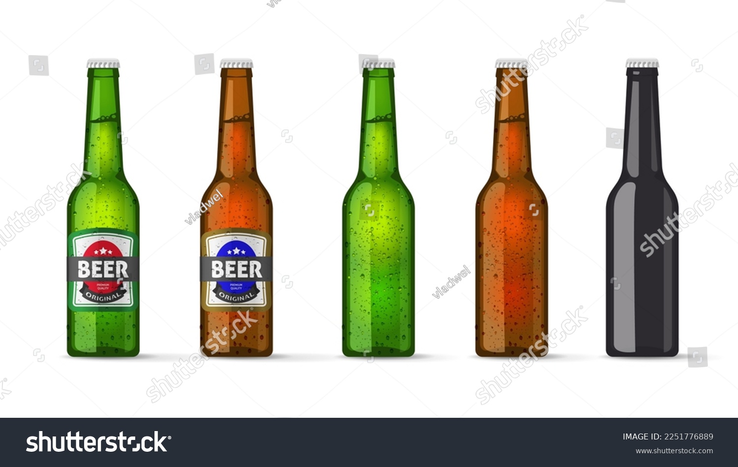 Beer bottle glass 3d set vector green brown black mockup graphic isolated illustration, blank cold lemonade or alcohol drink mock up, lager and ipa package sticker label clip art #2251776889