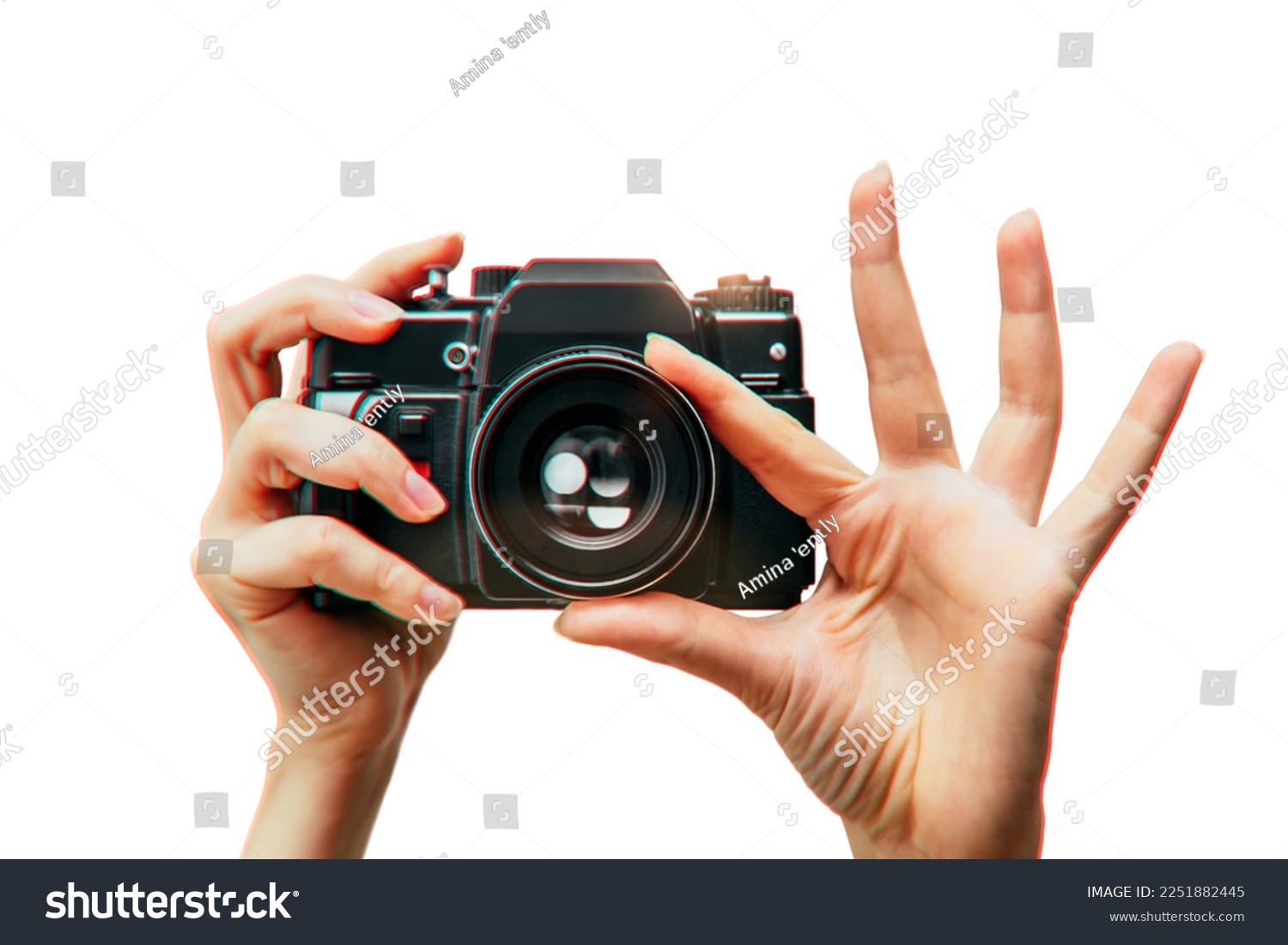 Vintage camera in female hand on white background. Minimalistic still life. Concept art Aberrations #2251882445