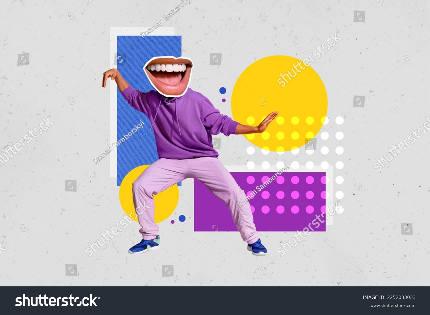Creative abstract template collage of funny young man hoodie big smiling mouth instead head toothy beaming smile dancing chilling artwork #2252033033