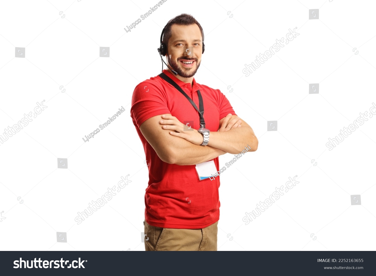 Male dispatcher wearing a headset with hands free microphone and smiling isolated on white background #2252163655