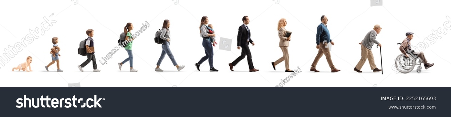 Full length profile shot of a group of people walking, from a baby crawling to a senior, isolated on white background #2252165693