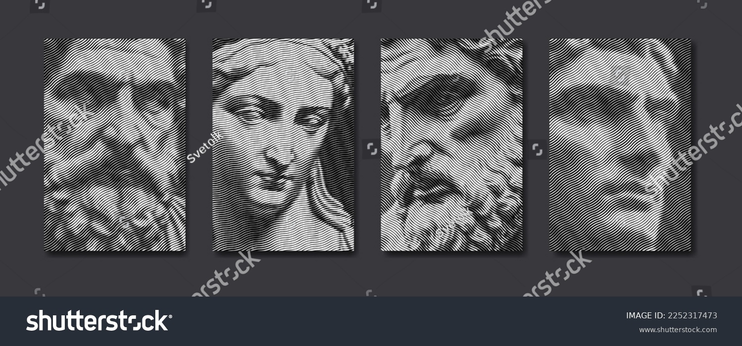 Antique greek statues in engraved line pattern. Renaissance sculpture in modern guilloche design. Roman statue faces, textured artwork. Vector illustration for poster, cover, wall art, banner #2252317473