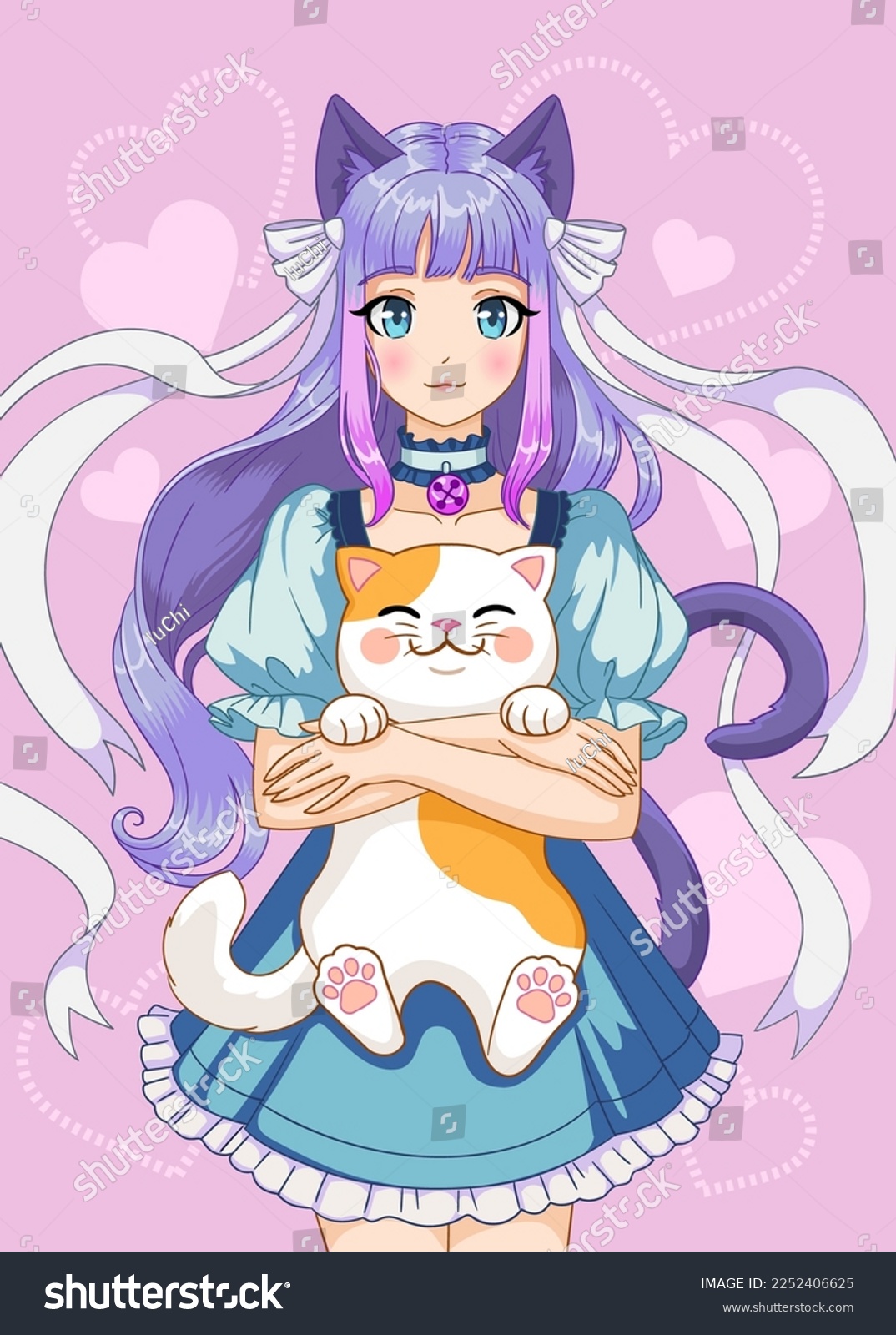 Cute anime girl holding a cat in her arms. Cartoon vector illustration #2252406625