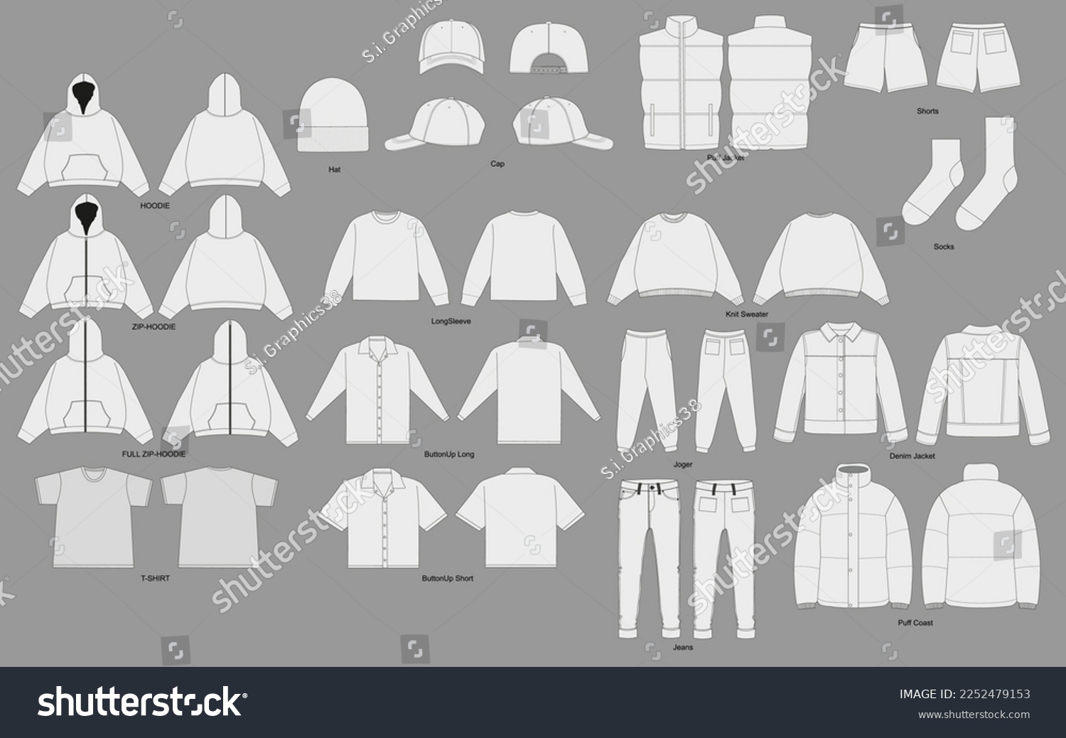 Vector Apparel Mockup Collection. Women's t-shirt design template. White cap Mockup, realistic style. Hat blank template, baseball caps, vector illustration set. #2252479153