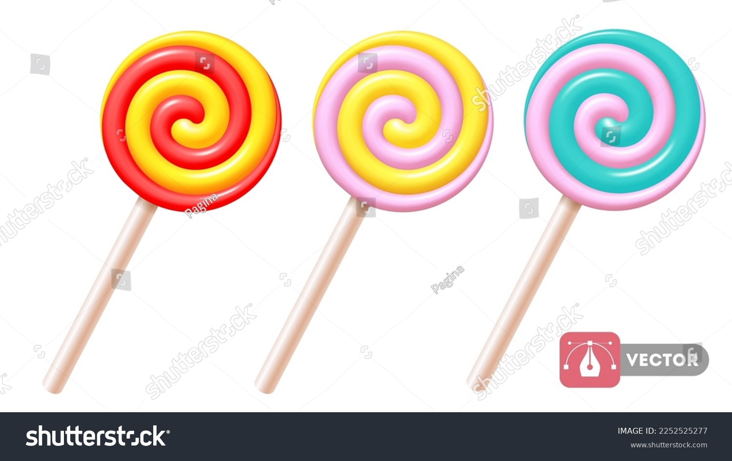 Set of sweet spiral lollipops on white plastic sticks. 3d realistic, swirl, colored sugar candies. Vector illustration EPS10 #2252525277