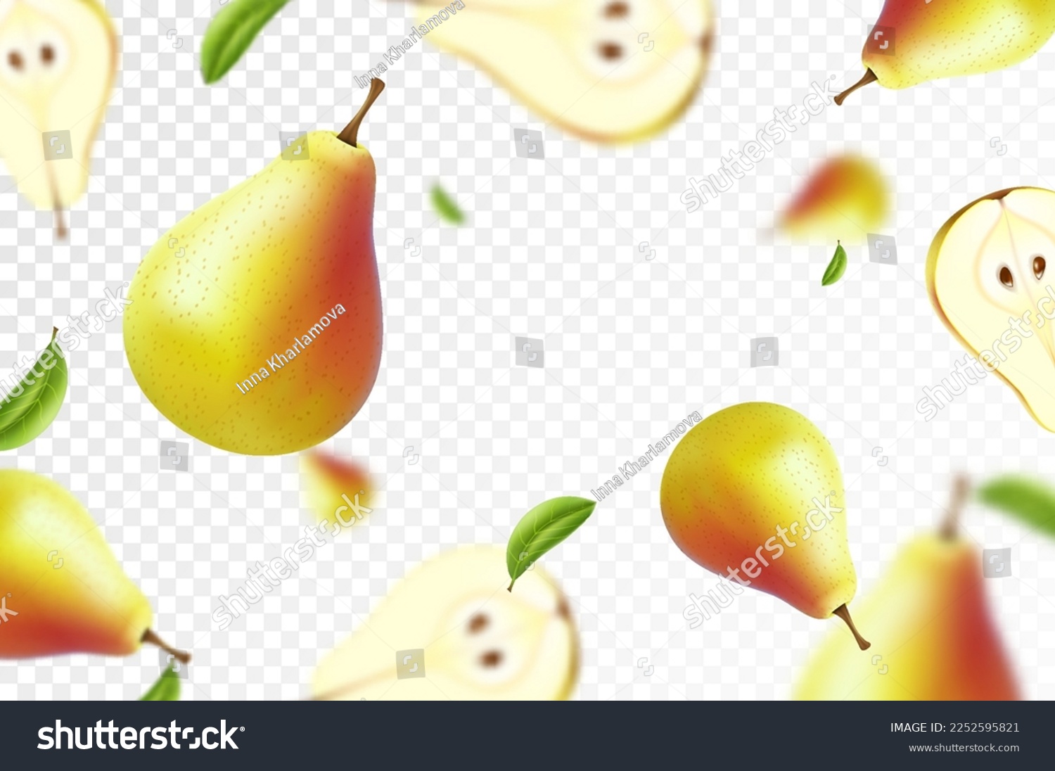 Ripe pear background. Flying juicy pear isolated on transparent background. Blurry effect. Can be used for wallpaper, banner, poster, print, fabric, wrapping paper. Realistic 3d vector illustration #2252595821