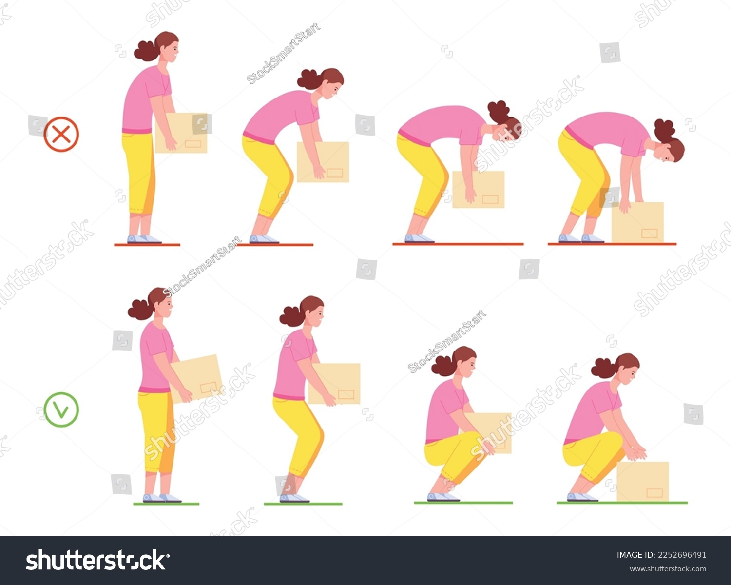 Woman lifting box. Correct and incorrect - Royalty Free Stock Vector ...