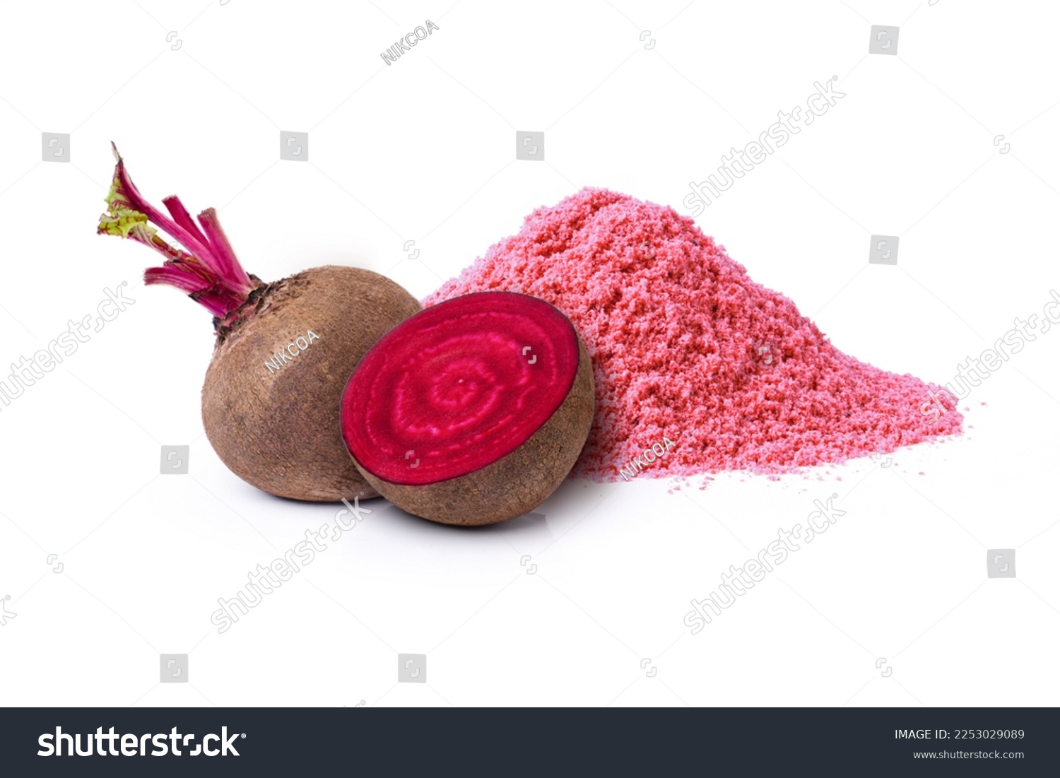 Beetroot (beet root) powder with fresh fruit isolated on white background. #2253029089