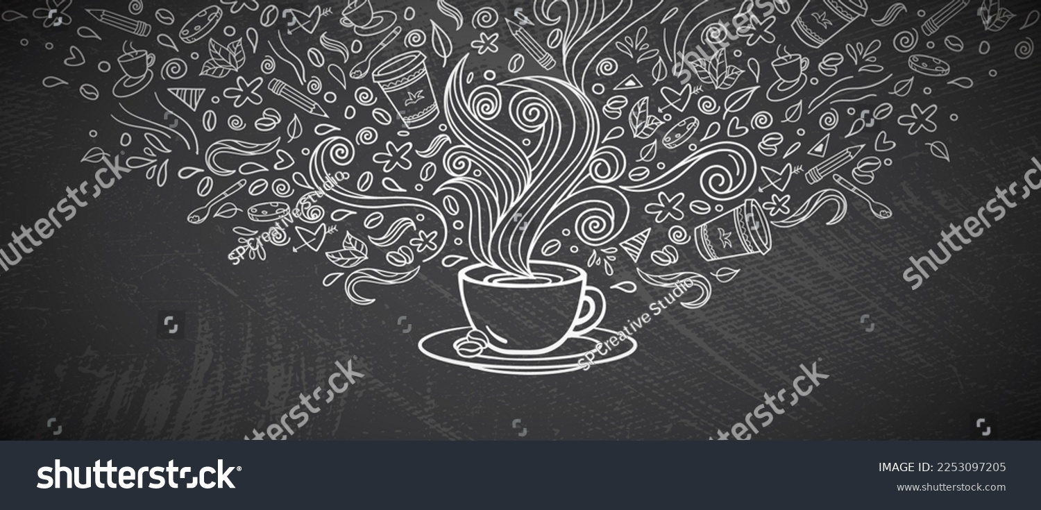 Hand drawn coffee doodles concept art. Coffee shop wall background illustration. Line drawing doodle collection with cups of coffee on dark background. #2253097205
