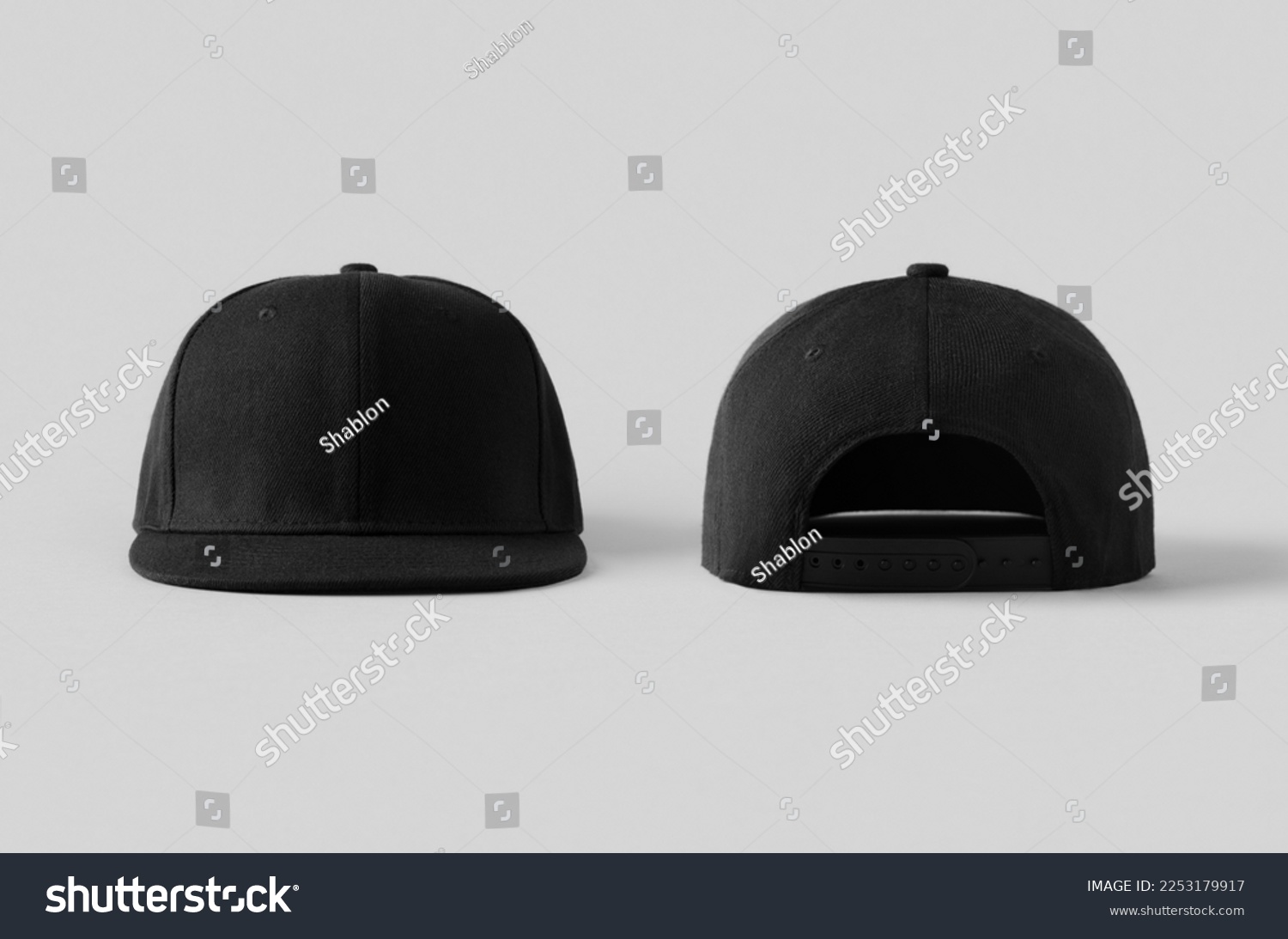 Black snapback caps mockup on a grey background, front and back side. #2253179917