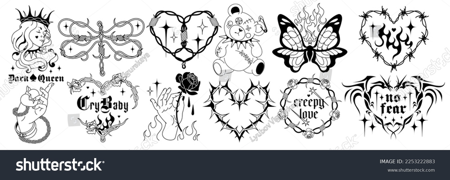 Emo gothic Tattoo art, vintage 90s, 00's silhouettes. Spike wire hearts, fire, flame, love art, heart in glam weird style. Mystic vector hand drawn tats. Y2k, black and white colors, goth stickers. #2253222883