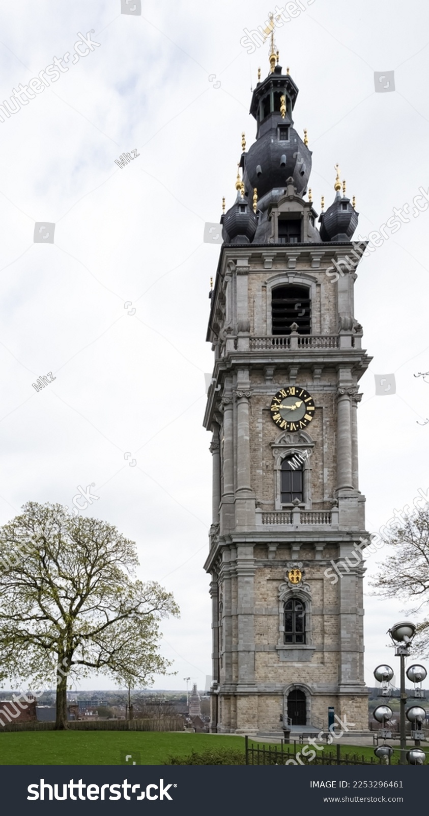 Architectural detail of the Belfry of Mons, the only belfry in Belgium constructed in Baroque style (inscribed on the UNESCO World Heritage on 1999), part of the major cultural patrimony of Wallonia #2253296461