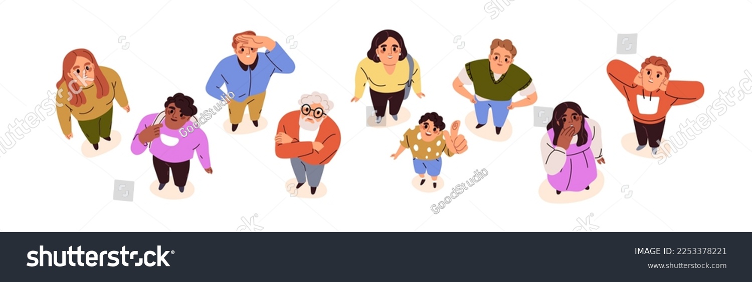 Overhead people looking up. Surprised characters faces watching, staring, top down view. Amazed shocked men, women standing, gazing. Flat graphic vector illustrations isolated on white background #2253378221