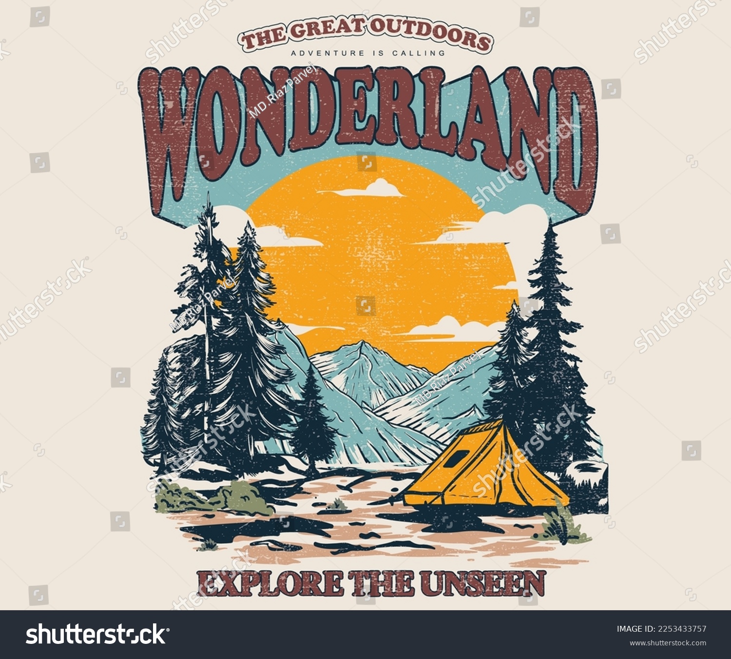 Mountain camping.  Adventure vintage print design for t shirt and others. National park graphic artwork for sticker, poster, background. #2253433757