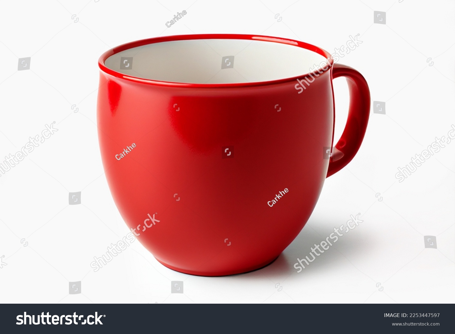 Close up huge red mug. Red cup for tea or soup isolated on white background with clipping path. Red coffee cup mockup. #2253447597
