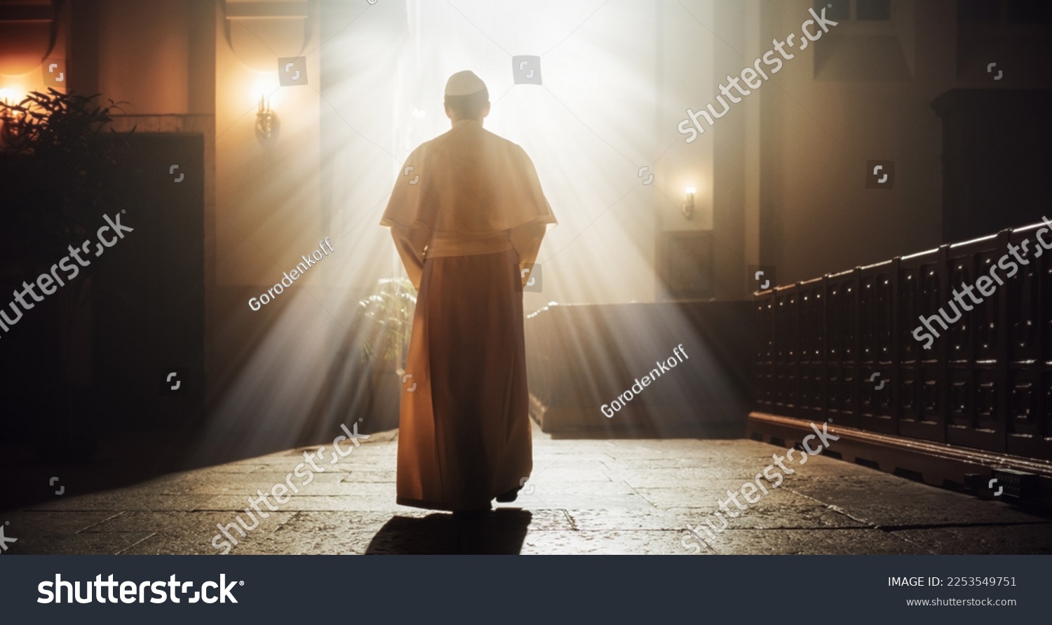 The Pope Walks Gracefully Through the Church, a Symbol Of Faith, Reverence, And Hope. Reminder of The Lord's Power, Beacon Of God's Love, Grace, And Mercy in Christian Faith. Blessing Light Shines #2253549751