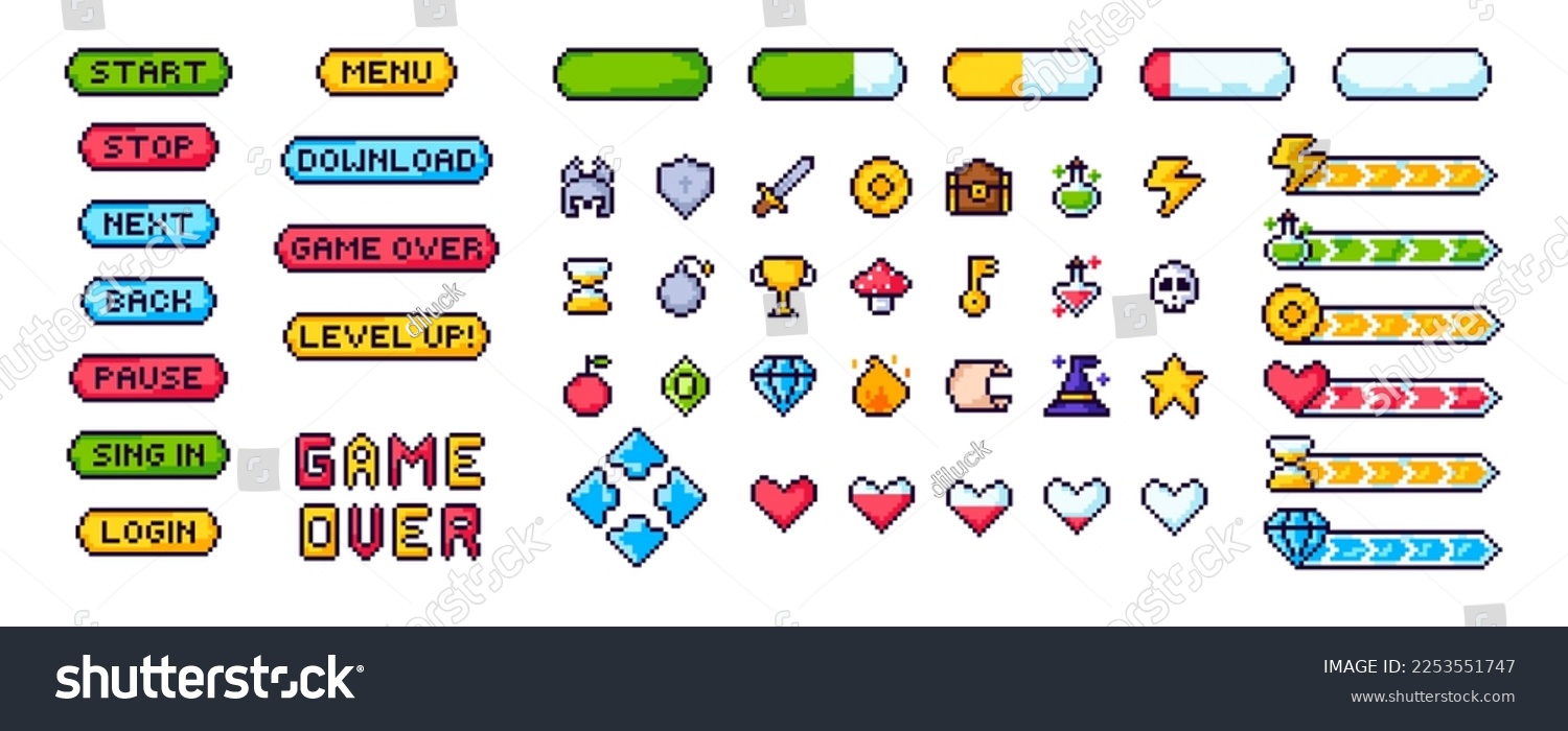 Pixel game menu resources, level, live bars and buttons. Game interface, pixelated life bar and menu button, game controller arrows, pixel art gaming magic items, button 8 bit pixel.  #2253551747