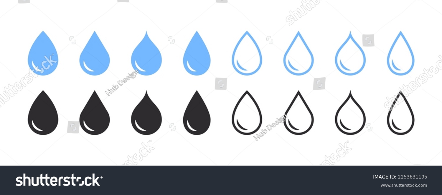 Water drops icons. Water drop shape. Blue annd black water drops. Vector illustration #2253631195