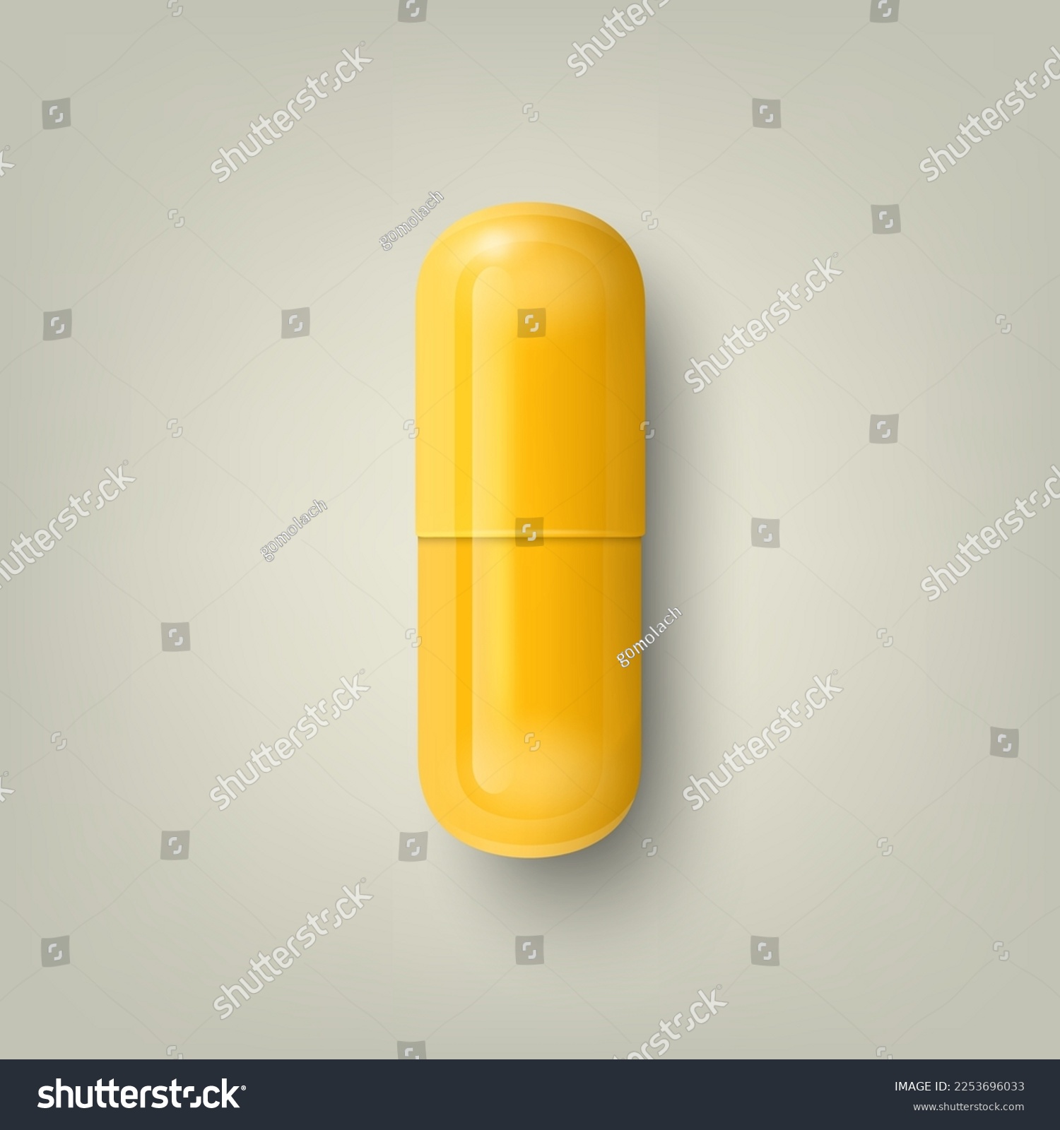 Vector 3d Realistic Yellow Pharmaceutical Medical Pill, Capsule, Tablet on White Background. Front View. Copy Space. Medicine, Health Concept #2253696033