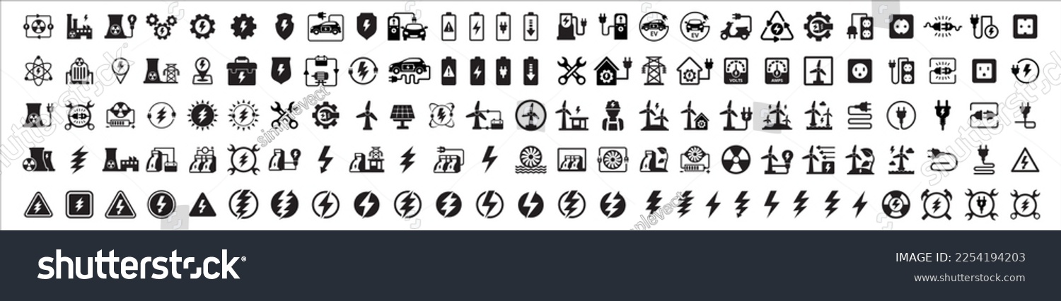 Electricity icon set. Electric power generator icons. Green energy symbol set. Contains symbol of hydro electric, wind turbine, nuclear plant, solar panel, car, motorcycle, worker, tower, dam and more #2254194203