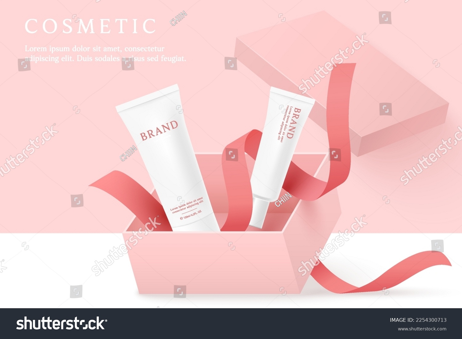 Cosmetics and skin care product ads template on pink background with gift box and ribbon. #2254300713