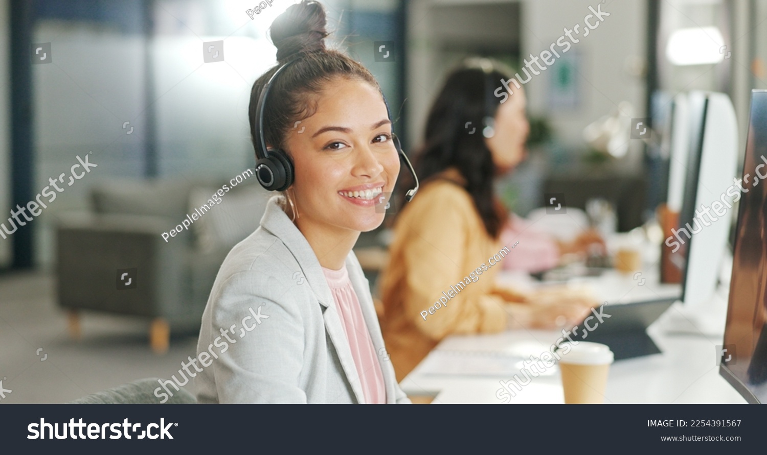 Happy CRM portrait, customer service or woman consultant smile for success telemarketing, help or communication. Sales advisor, call center or employee for contact us consulting or customer support #2254391567