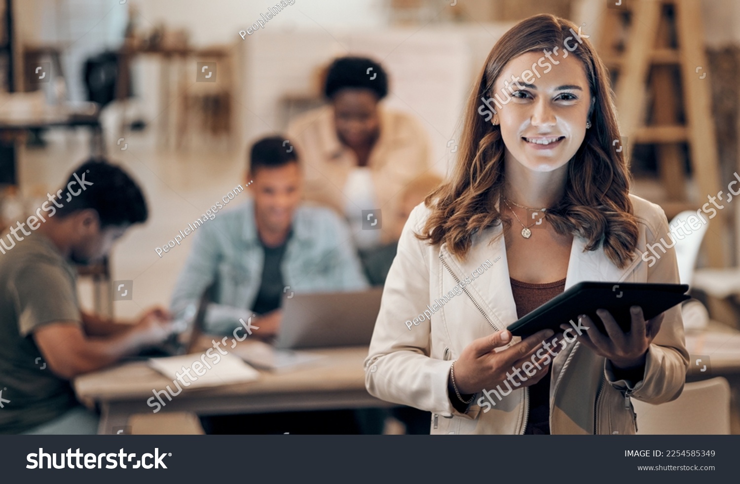 Business woman, tablet and portrait of a digital developer professional with team ready for work. Tech employee, company vision and web job of a female ready for information technology project #2254585349