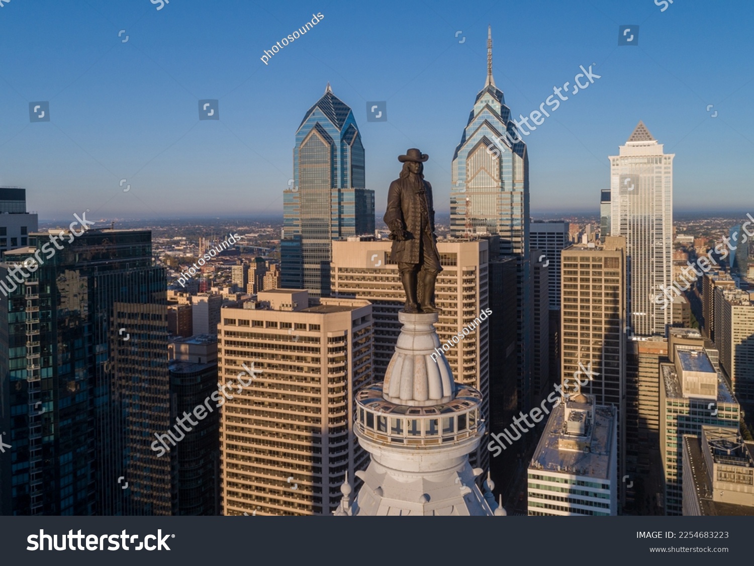 Statue of William Penn. Philadelphia City Hall. William Penn is a bronze statue by Alexander Milne Calder of William Penn. It is located atop the Philadelphia City Hall in Philadelphia, Pennsylvania. #2254683223